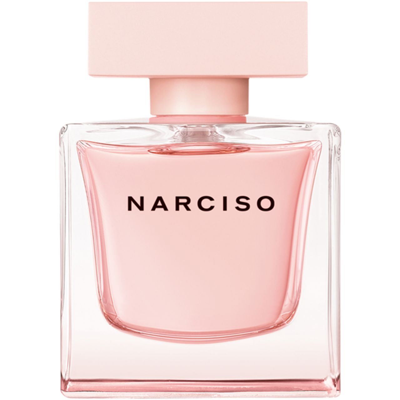 Rosa Parfümflasche. Aufschrift: Narciso. Quadratische Form mit rosa Verschluss. Klarer Glasflakon.