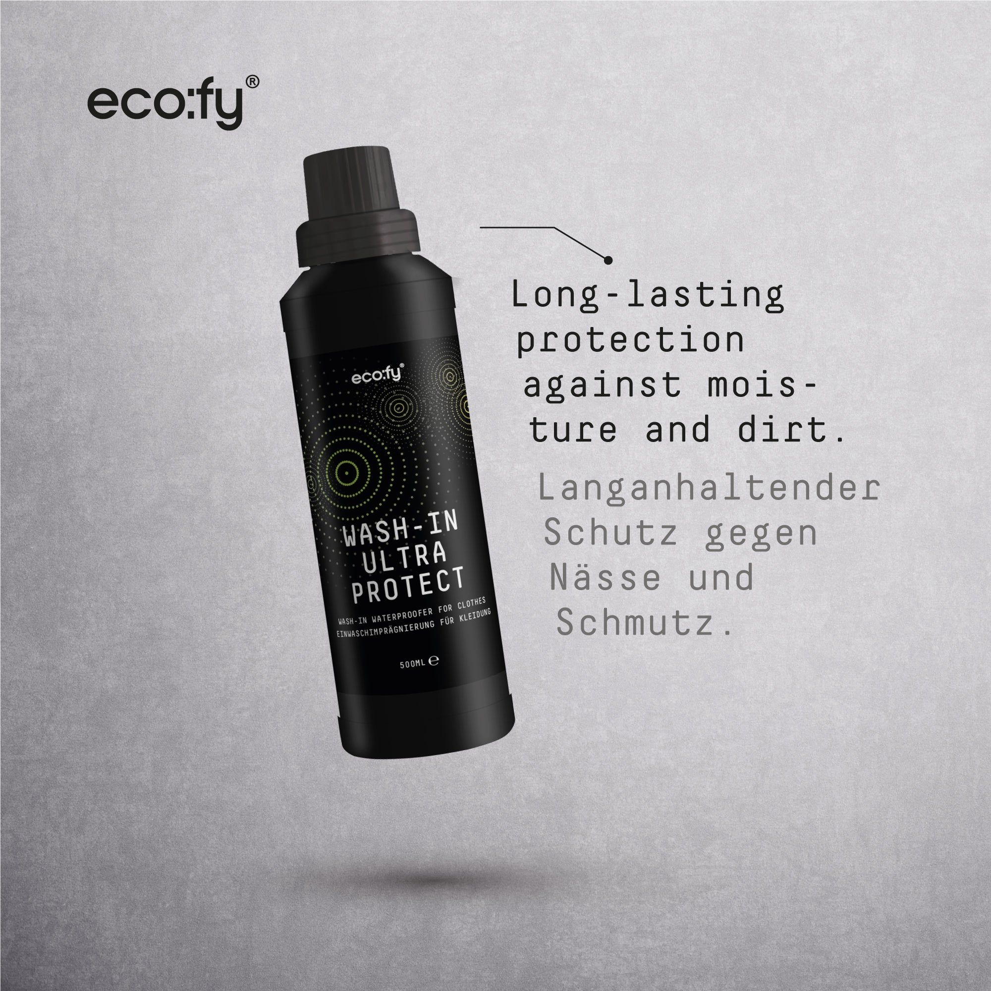 Zwarte fles met productlabel: Wash-In Ultra Protect. Tekst: Langdurige bescherming tegen vocht en vuil.