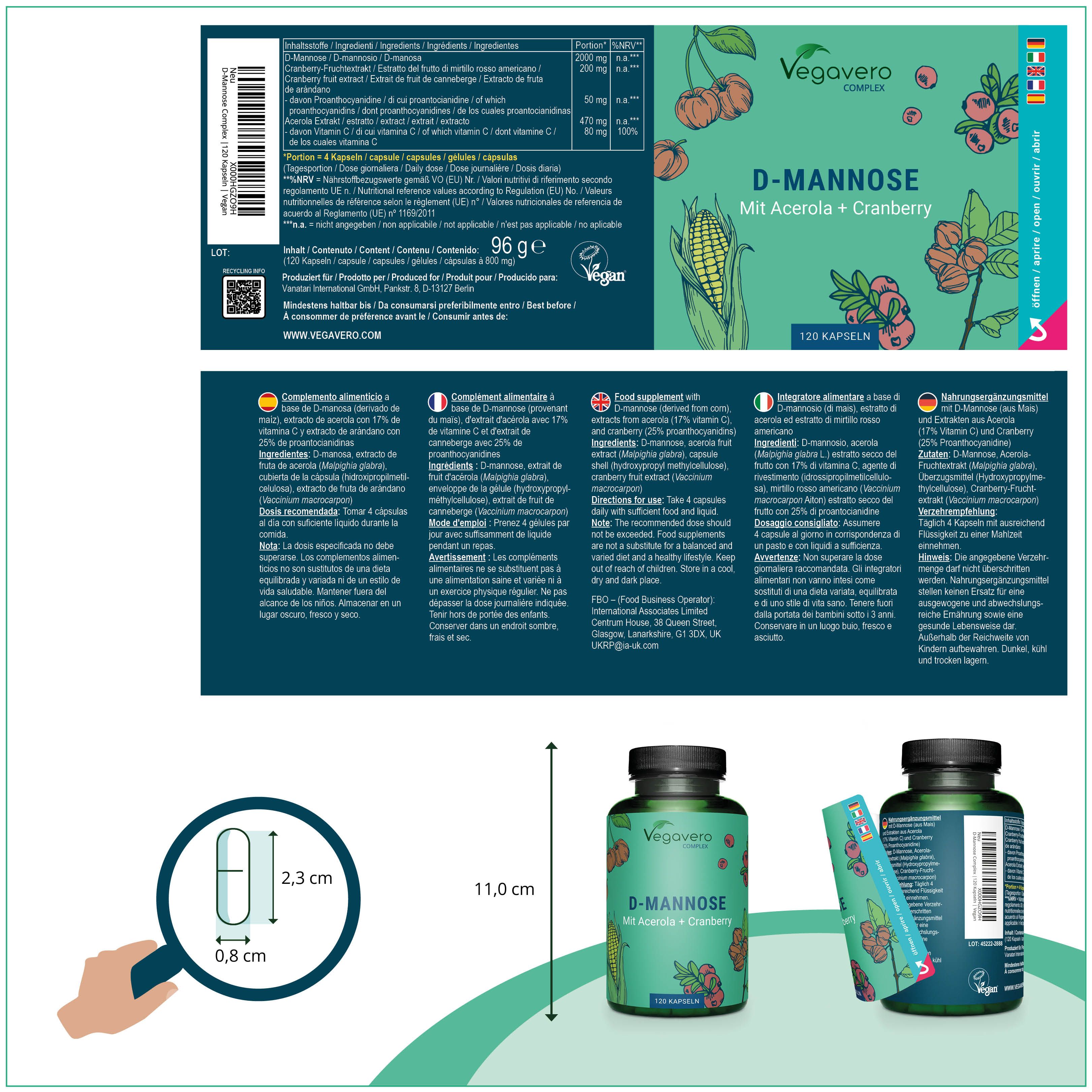 Produktverpackung mit Flasche und Kapsel. Aufschrift: Vegavaro, D-Mannose. Maße der Kapsel: 2,3 cm x 0,8 cm. Gesamtgröße der Verpackung: 11,0 cm.