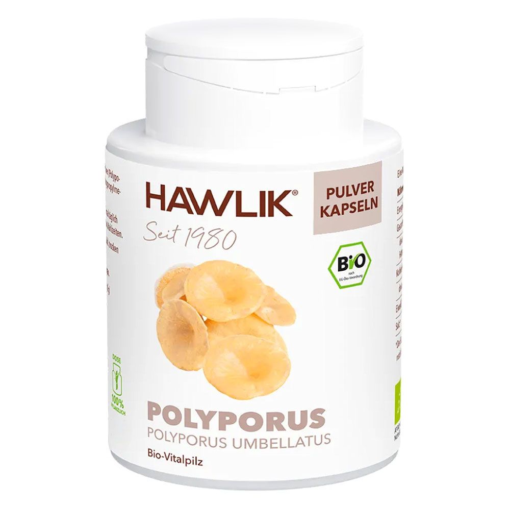 Weiße Flasche mit Kapseln. Aufschrift: HAWLIK, Polyporus, Pulver Kapseln, Bio-Vitalpilz. Bio-Siegel.