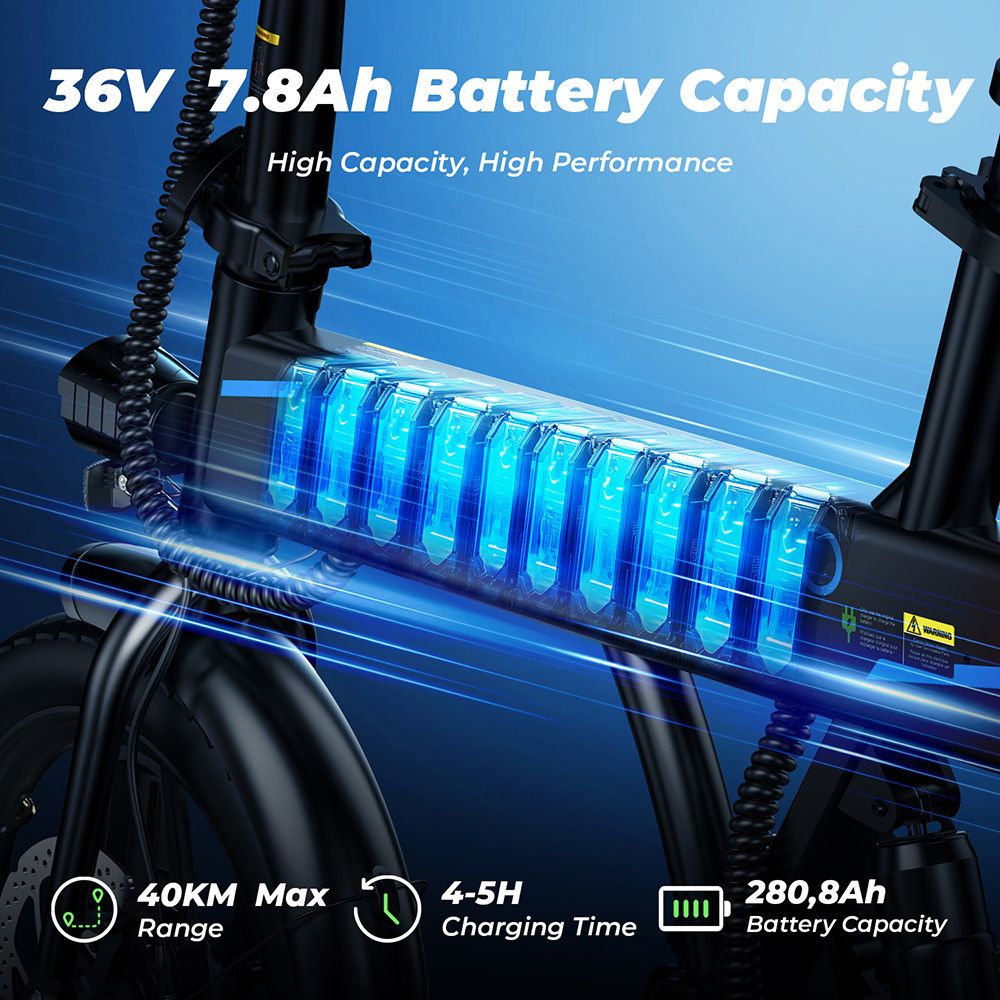 E-Bike-Batterie mit 36V 7,8Ah Kapazität. Reichweite 40 km, Ladezeit 4-5 Stunden. Kapazität 280,8 Ah.