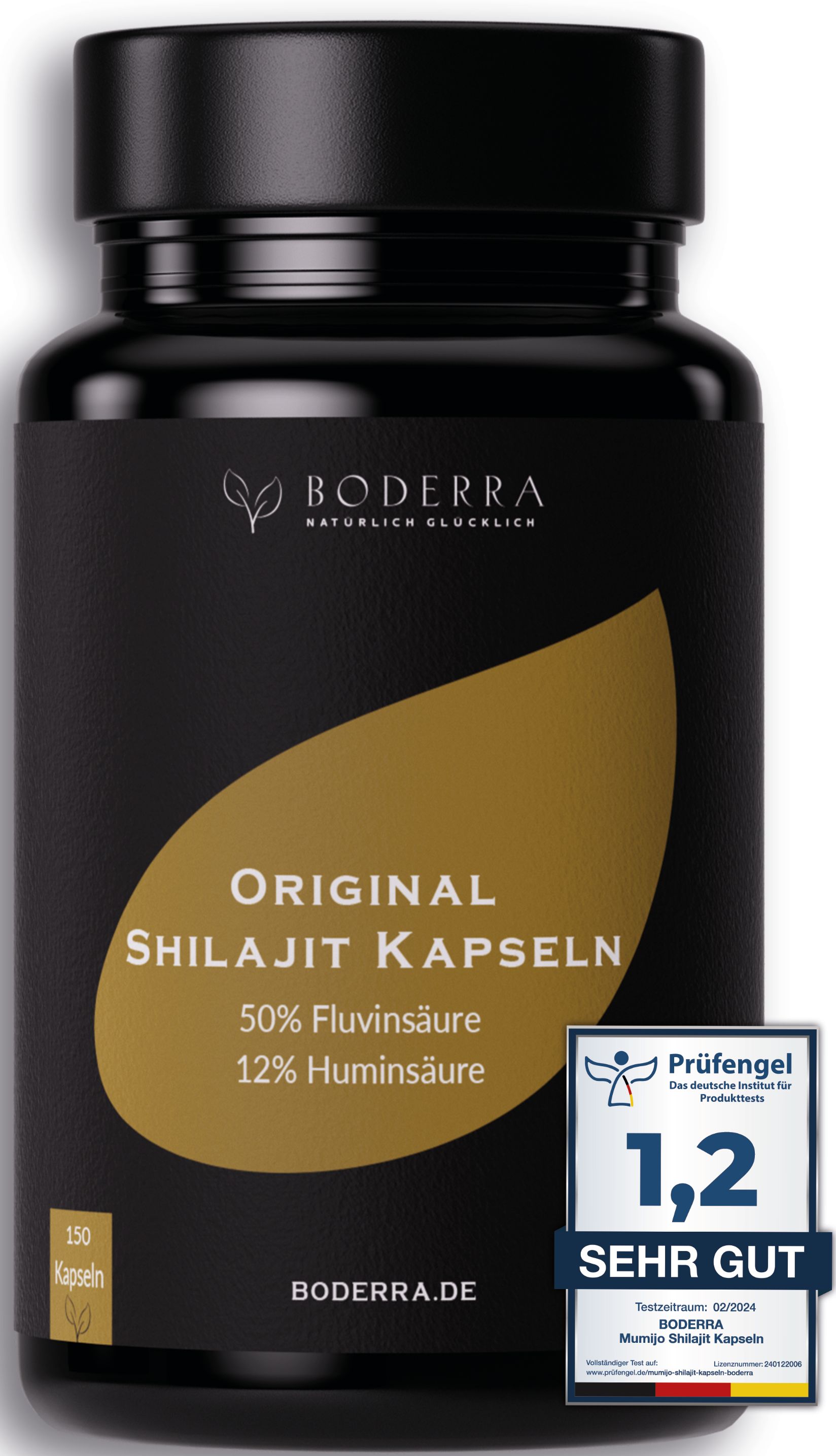 Schwarze Flasche mit Shilajit Kapseln. Aufschrift: Original Shilajit Kapseln, 50% Fulvinsäure, 12% Huminsäure. Prüfsiegel.