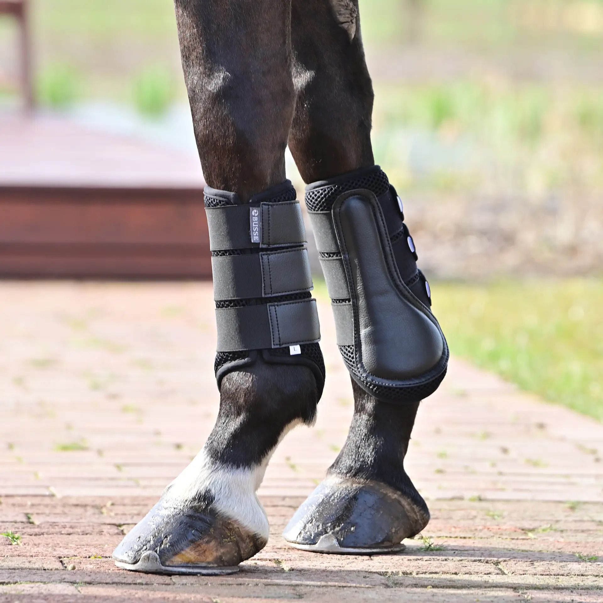 Schwarze Gamaschen an Pferdebeinen. Klettverschlüsse, Mesh-Einsätze. Marke: BUSSE. Ansicht von der Seite.