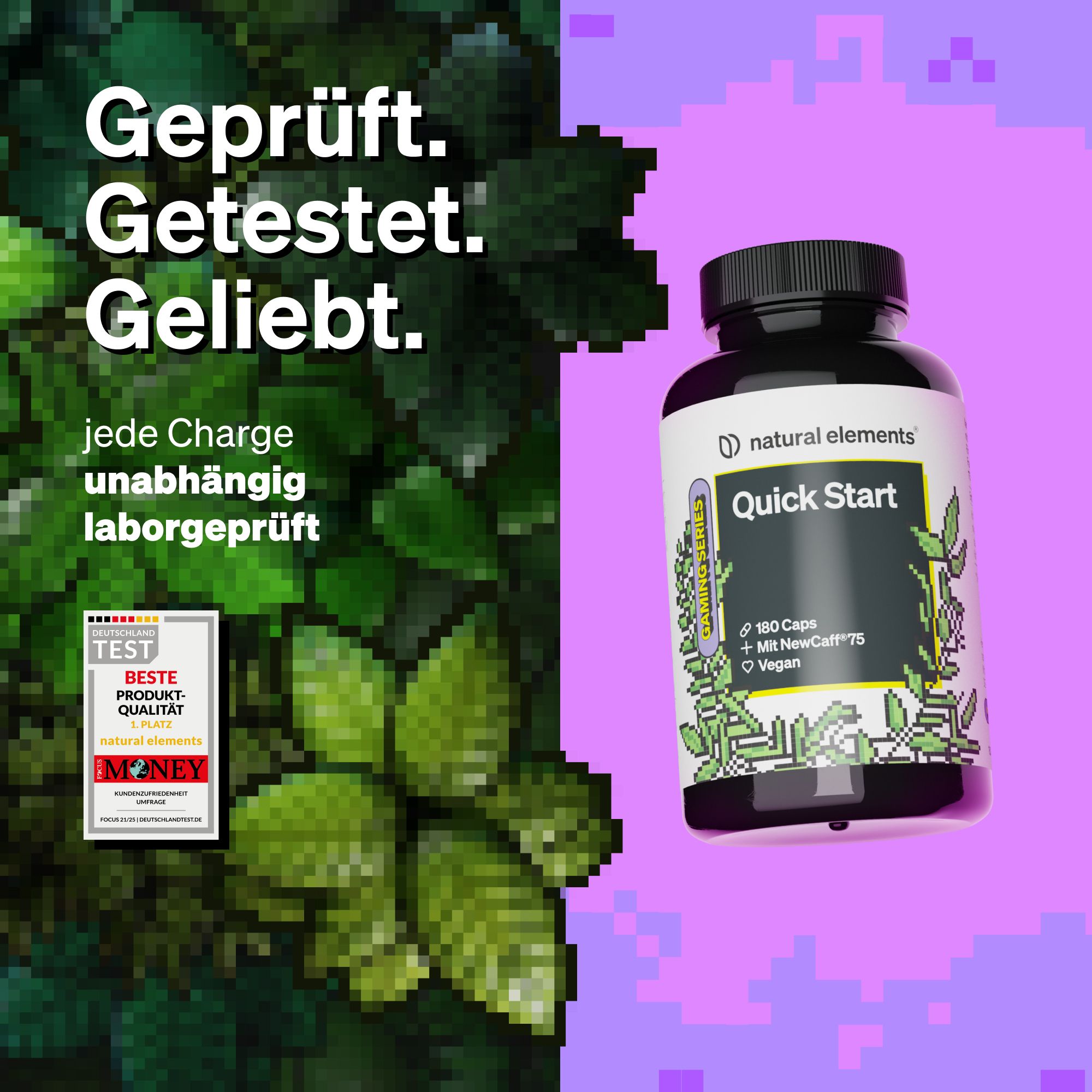 Flasche mit Etikett: natural elements Quick Start. Text: Geprüft. Getestet. Geliebt. Beste Produktqualität. Unabhängig laborgeprüft.