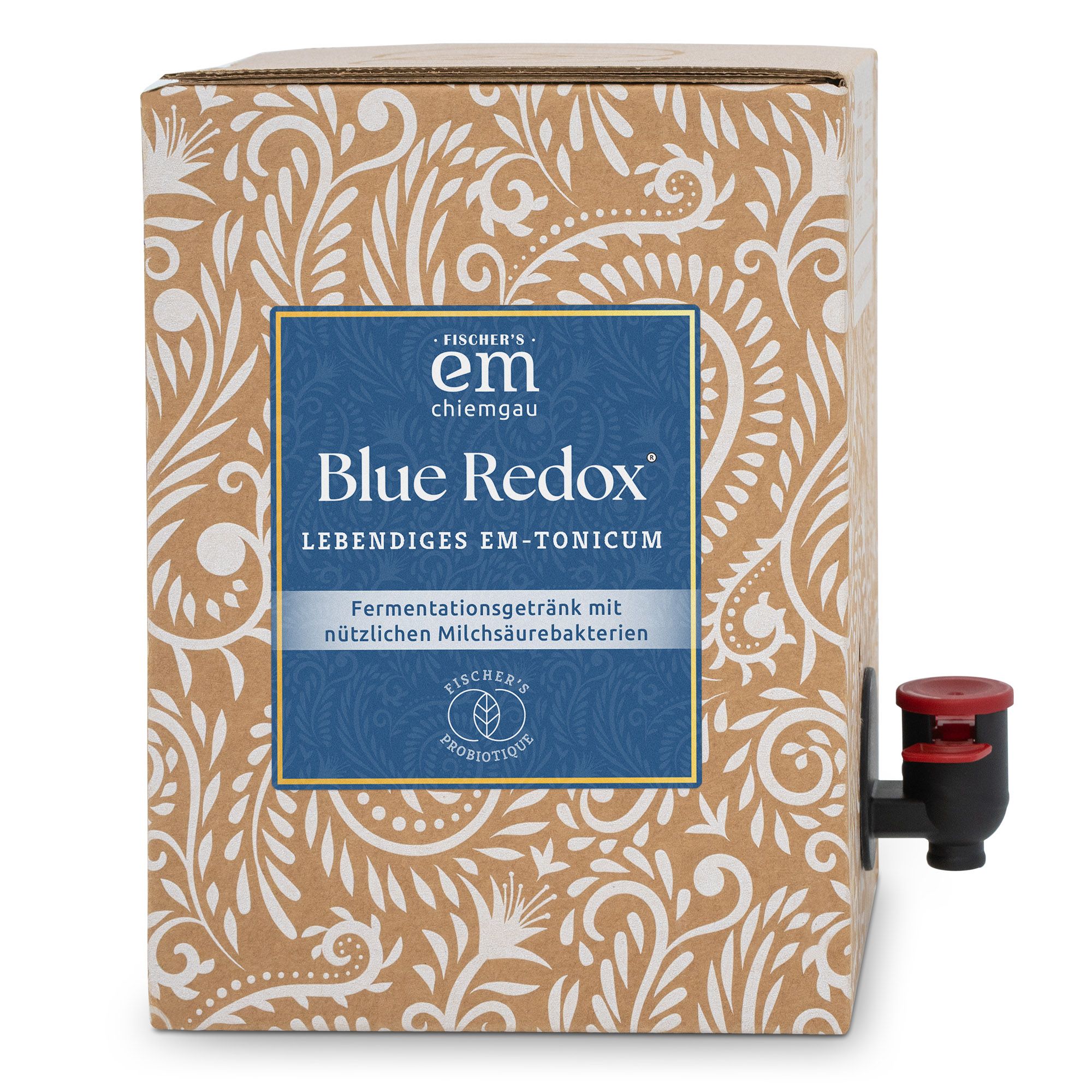 Karton mit floralem Muster und blauem Etikett. Aufschrift: Blue Redox, lebendiges EM-Tonicum. Mit Zapfhahn.
