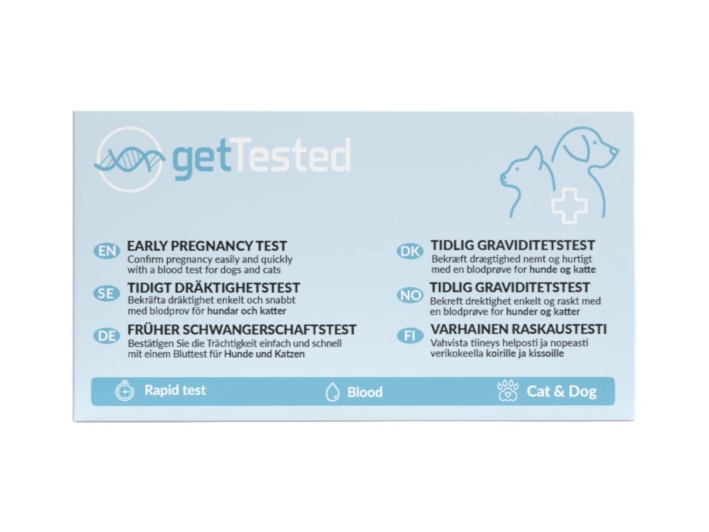 GetTested Früher Schwangerschaftstest für Hunde & Katzen. Text: Früher Schwangerschaftstest, Rapid Test, Blut, Katze & Hund.