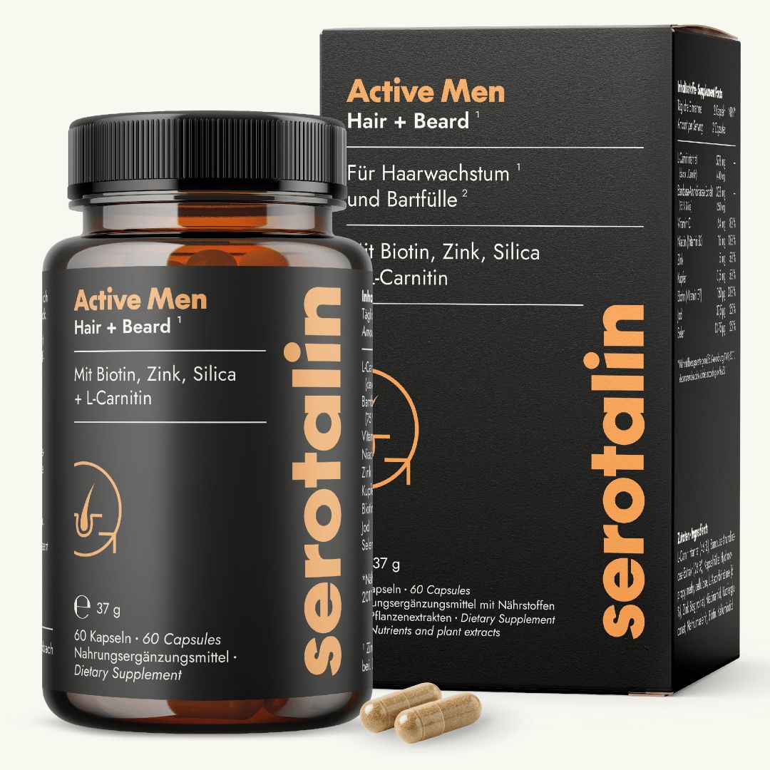 serotalin® ACTIVE Hair + Beard | 60 Kapseln | Biotin hochdosiert mit L-Carnitin & Silica | Vegan