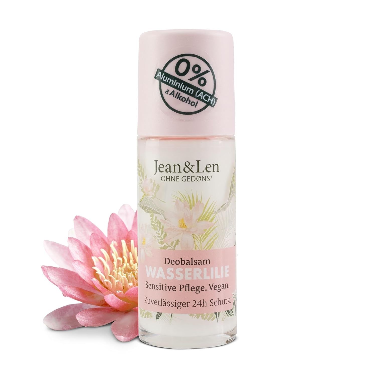 Deobalsam Wasserlilie, Roll-on-Flasche, rosa Deckel, 0% Aluminium & Alkohol. Rosa Lotusblüte daneben. Text: Sensitive Pflege, Vegan.