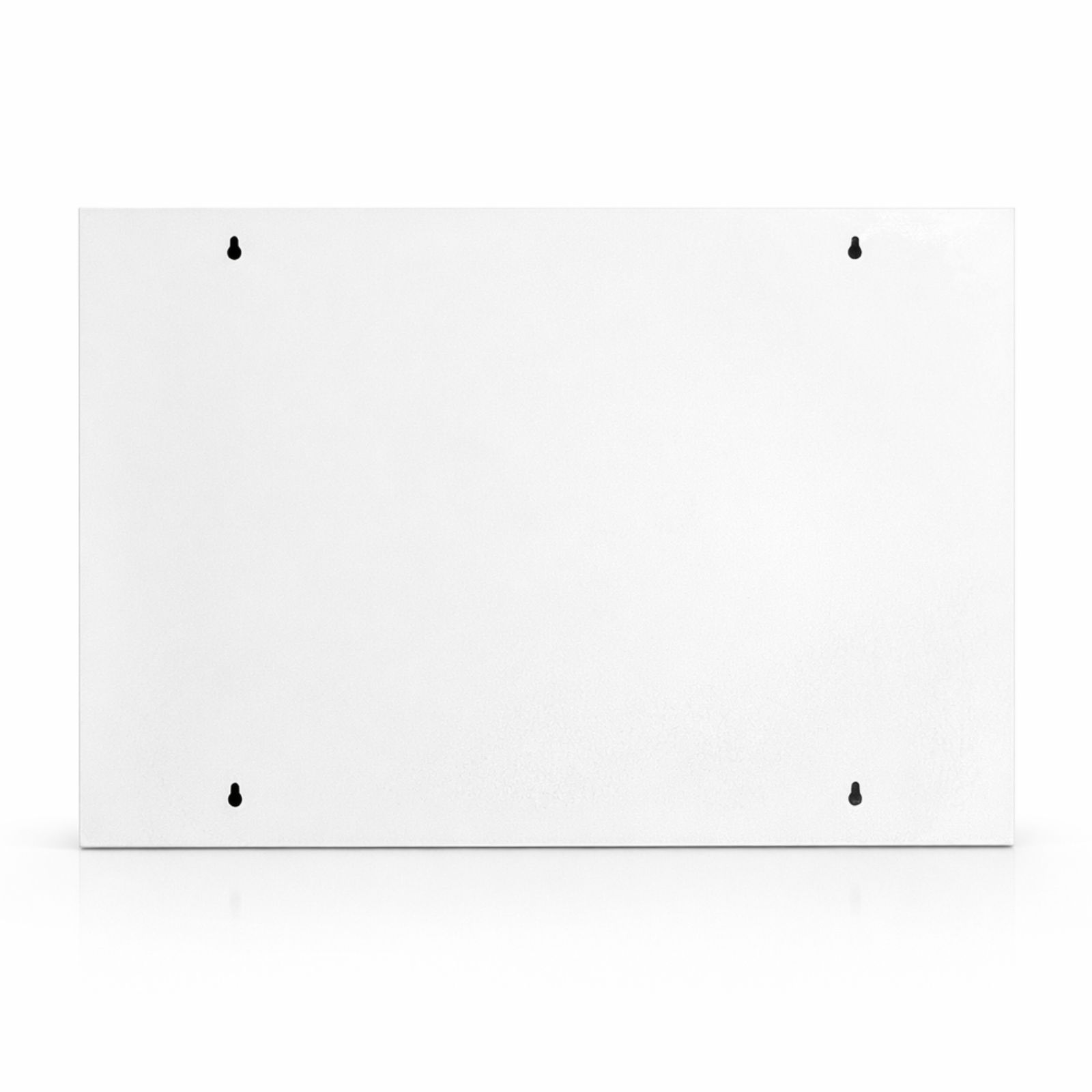 Rückseite eines weißen Verbandschranks. Vier Löcher für die Wandmontage.