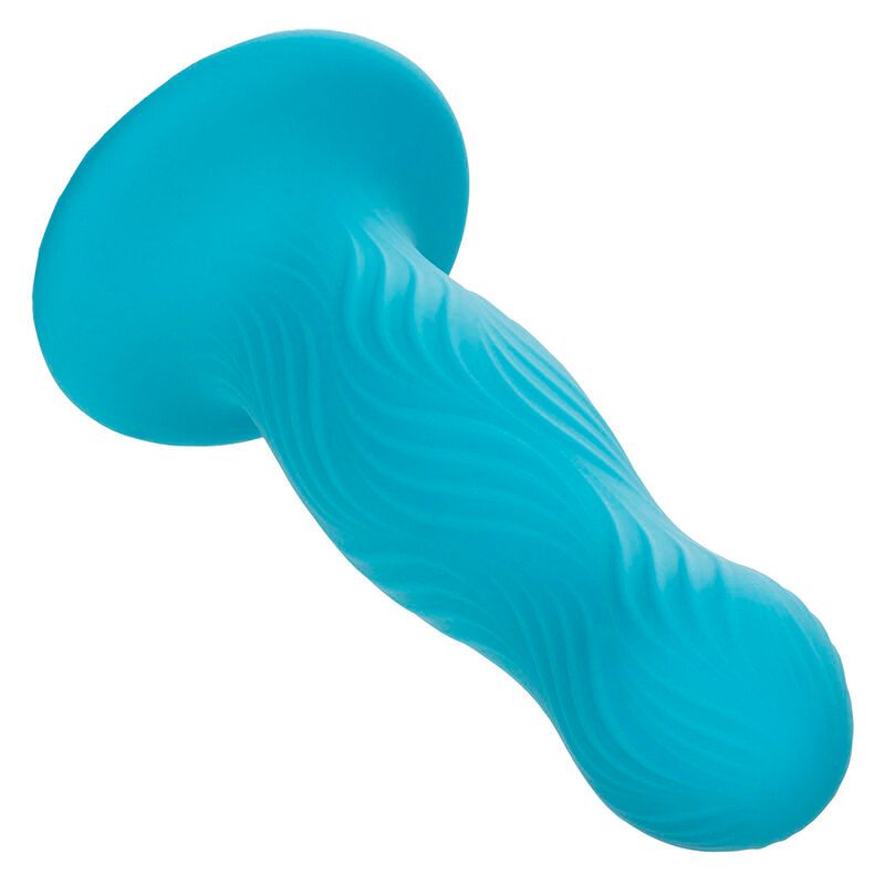 Türkisfarbener Analplug, wellenförmige Textur, schräge Ansicht. Basis mit breitem Rand.