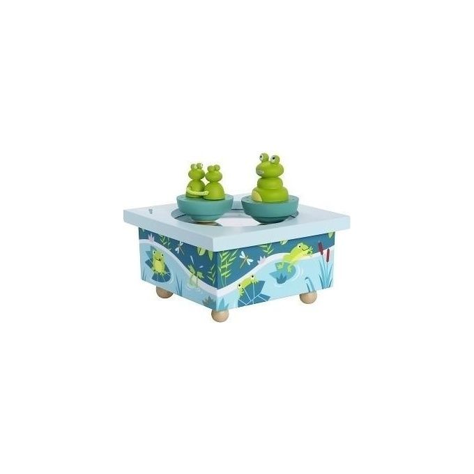 Carillon Trousselier S95005. Il carillon è quadrato e azzurro. Sulla parte superiore sono presenti tre figure di rana verde. I lati sono decorati con un motivo a stagno con rane e piante. Il carillon poggia su quattro piedini in legno.