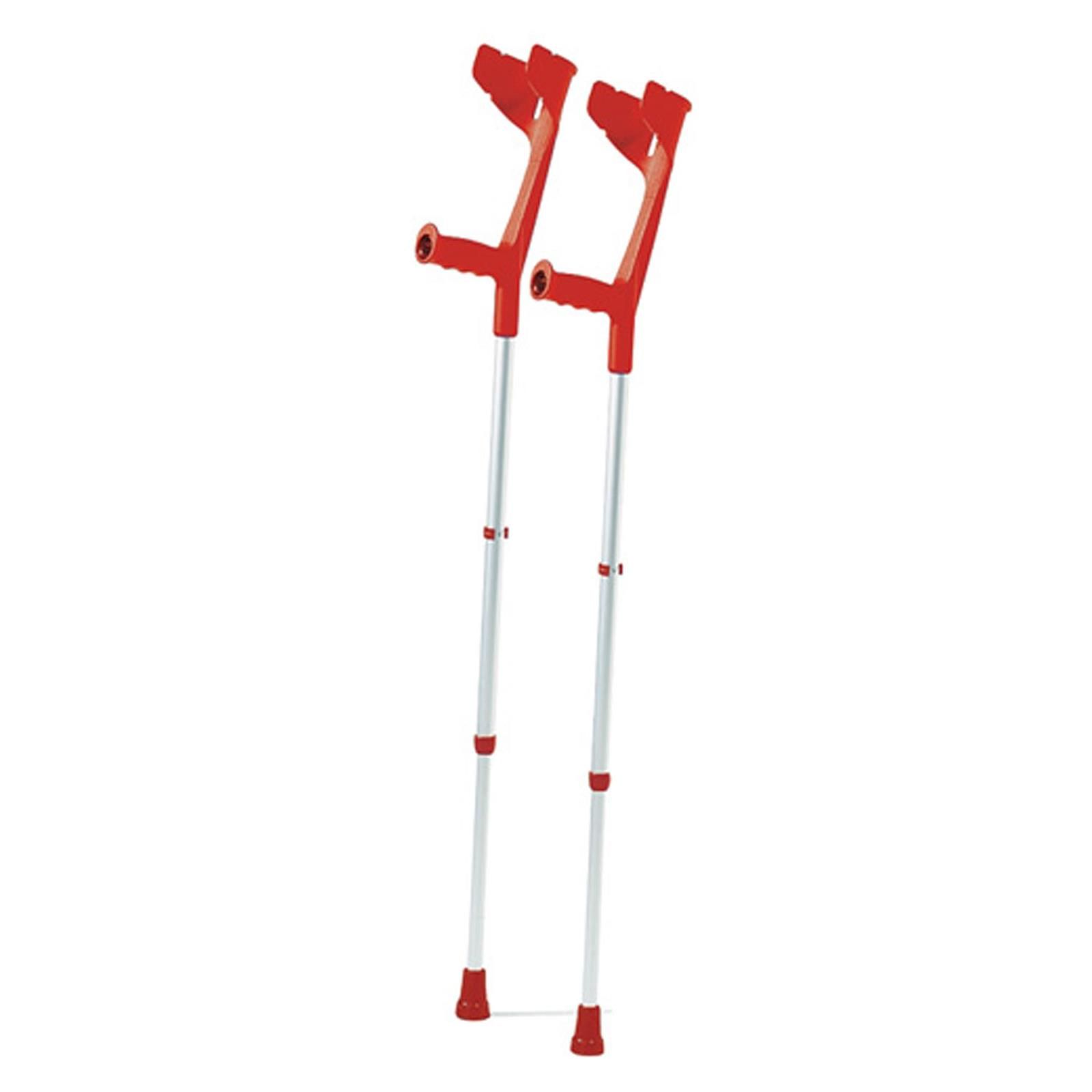 Paar feuerrote Unterarmgehstützen aus Aluminium. Verstellbare Höhe, rote Griffe und Fußstützen. Zwei Stück.