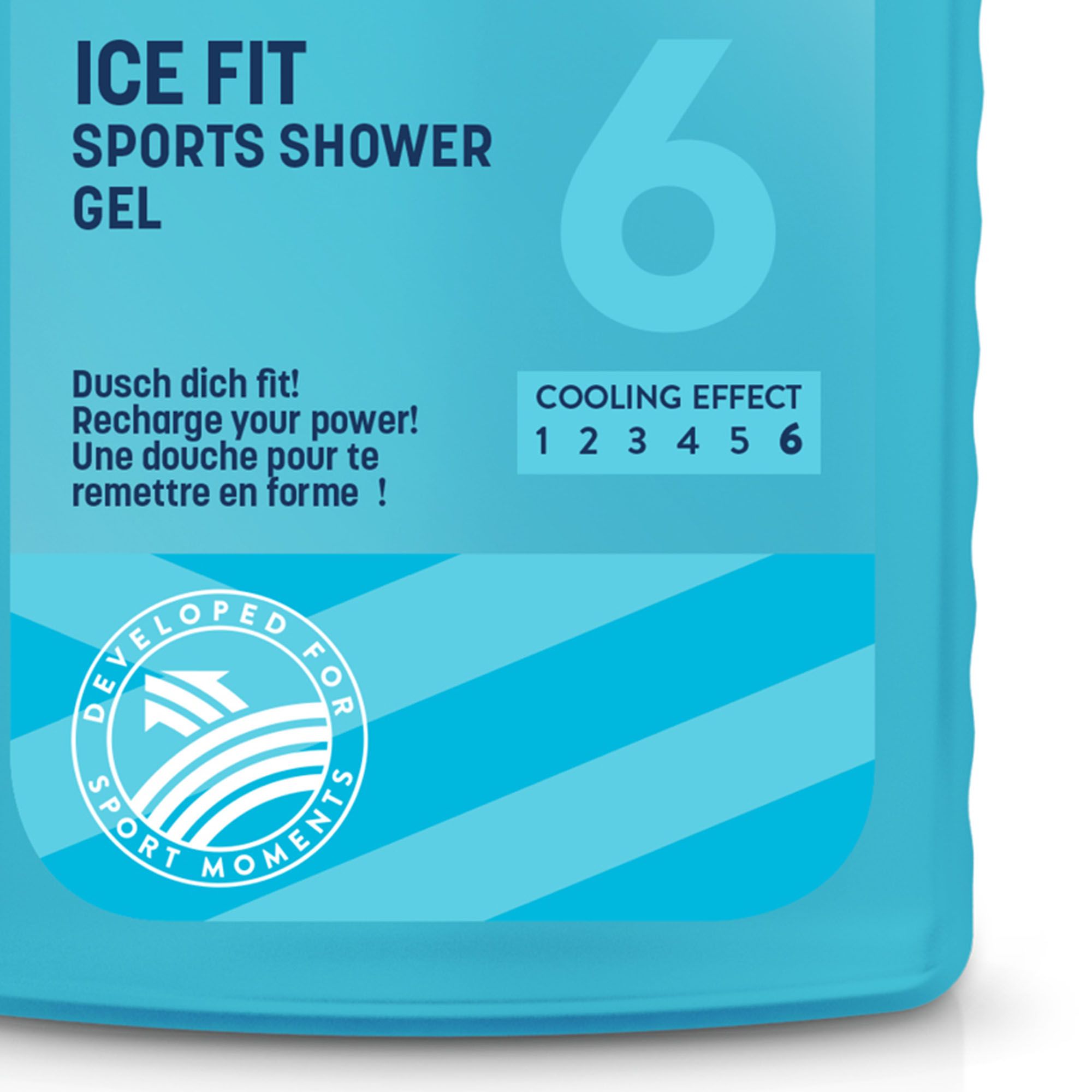Detailansicht der Sport Lavit Ice Fit Duschgel-Flasche. Aufschrift: Ice Fit Sports Shower Gel. Kühl-Effekt 6. Text in Deutsch und Französisch.