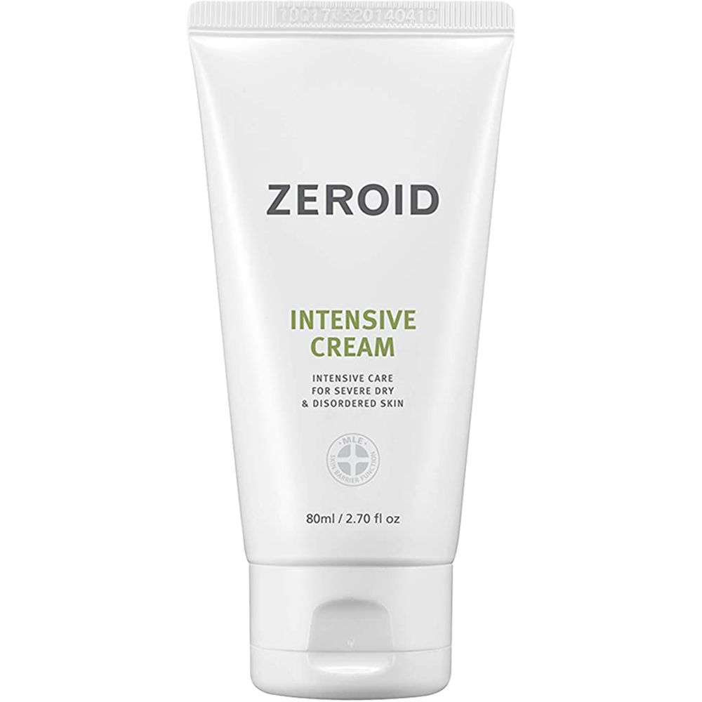 Weiße Tube mit grüner Schrift. Aufschrift: ZEROID, INTENSIVE CREAM. Text: Intensive Care for severe dry & disordered skin. 80ml/2.70 fl oz.
