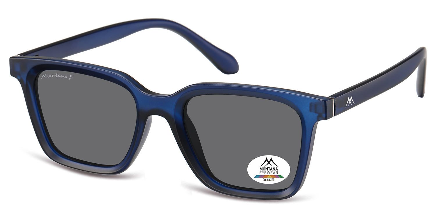 Blaue Sonnenbrille mit grauen Gläsern. Das Montana Eyewear Logo ist auf dem Bügel sichtbar. Auf dem rechten Glas befindet sich ein Aufkleber.