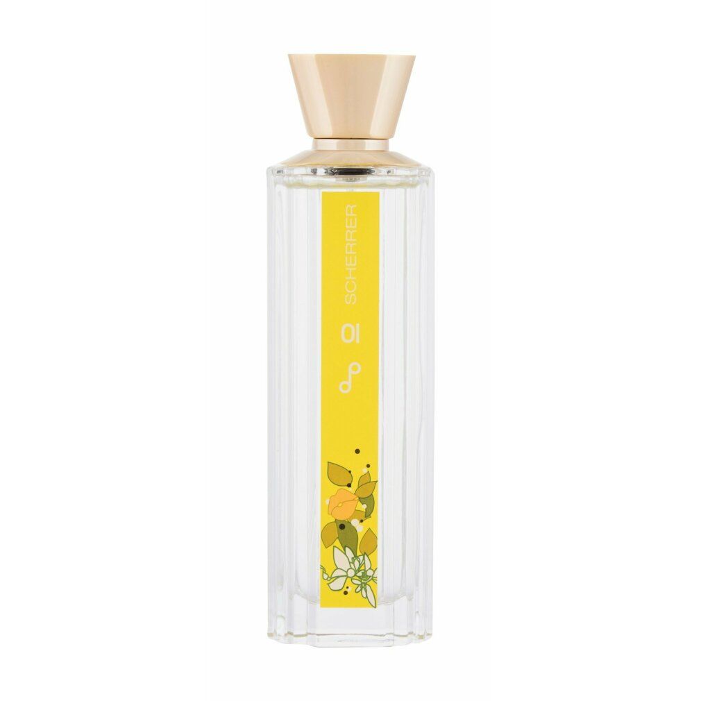 Scherrer Pop Delights 01 Flakon. Gelbes Etikett mit floralen Motiven. Transparenter Glasflakon mit goldfarbenem Verschluss.