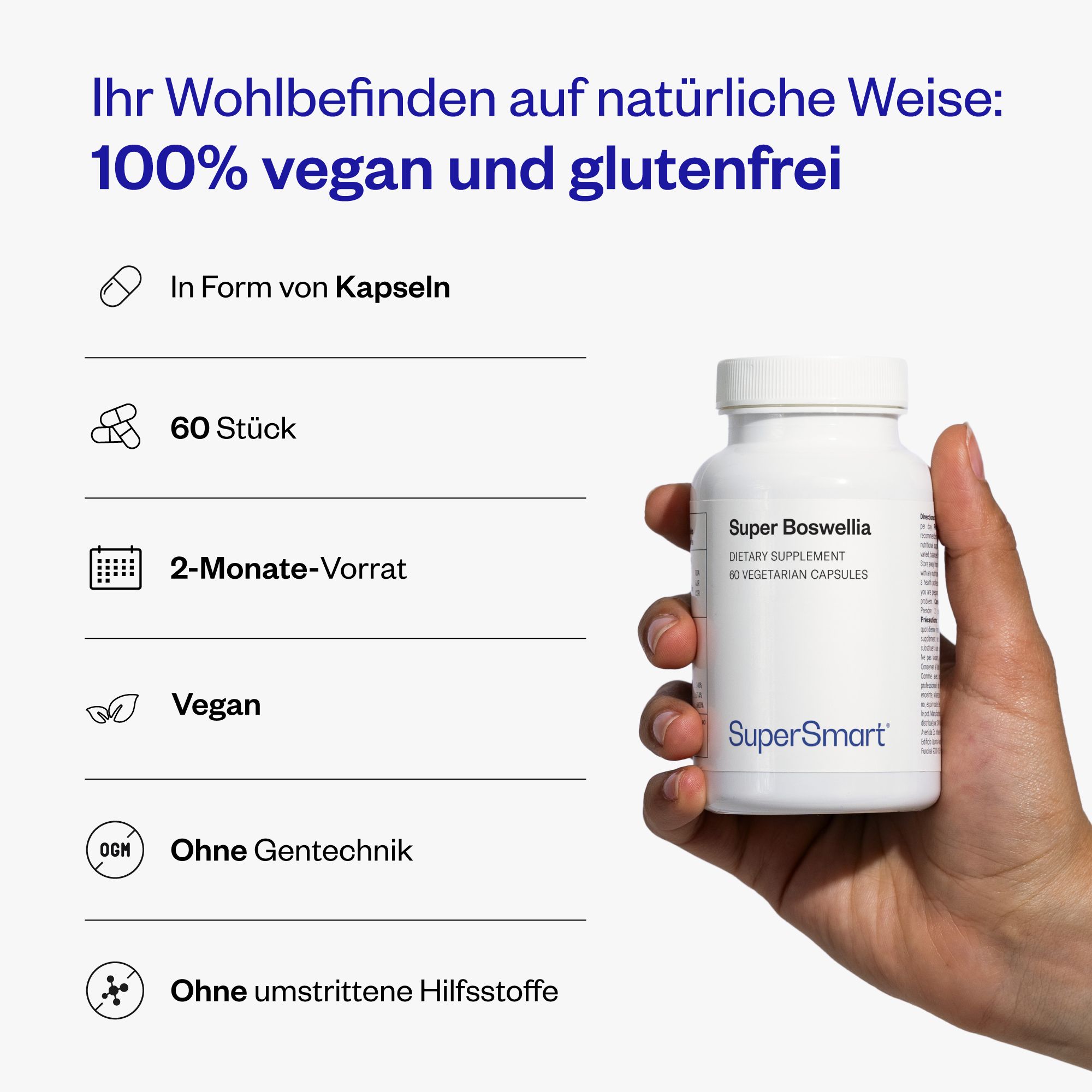 Person hält eine weiße Flasche 'Super Boswellia' mit 'SuperSmart' Aufschrift. Text: '100% vegan und glutenfrei'.