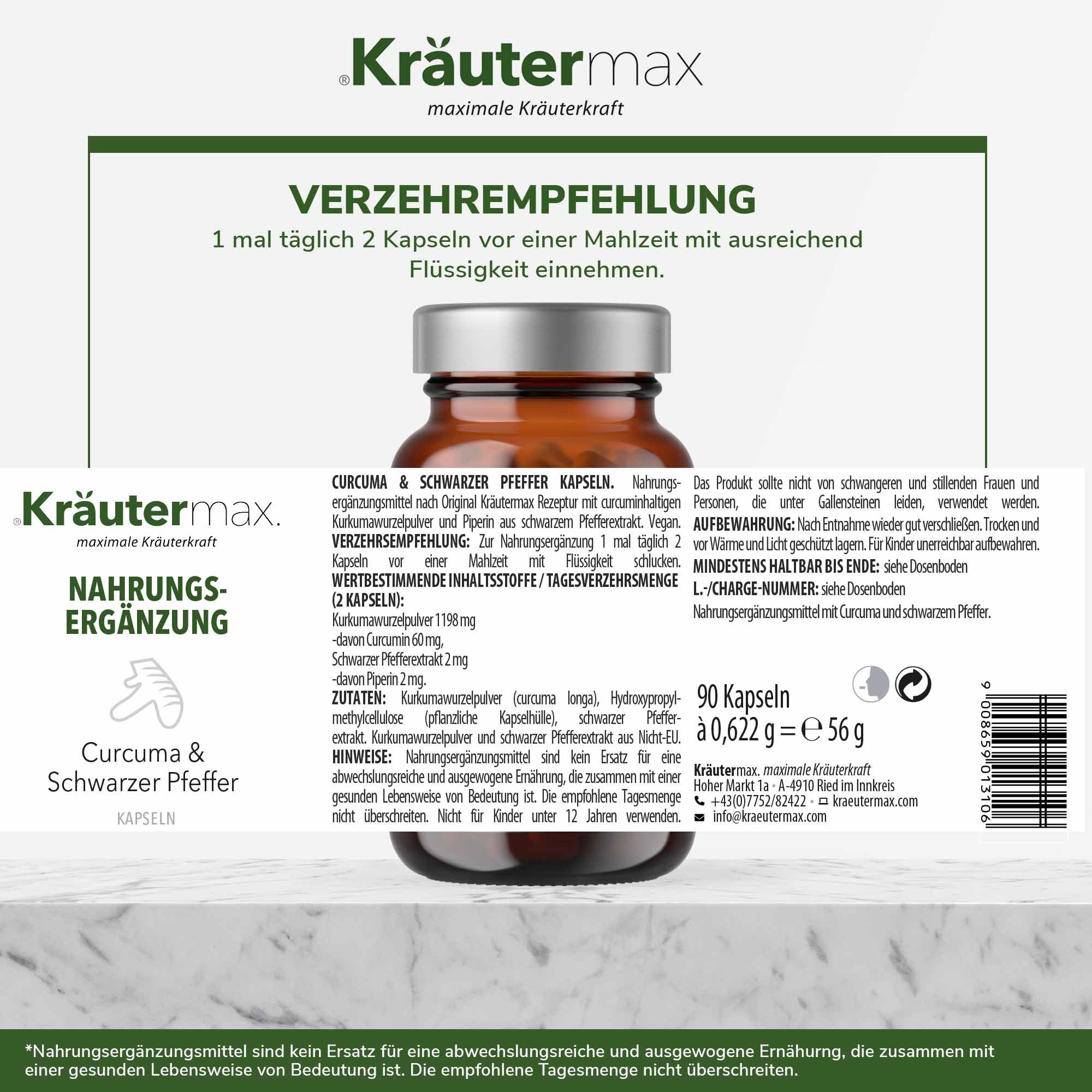 Braune Flasche Kräutermax Kapseln. Etikett mit Text: Curcuma & Schwarzer Pfeffer. Text: Verzehrempfehlung. Nährwertangaben. 90 Kapseln.