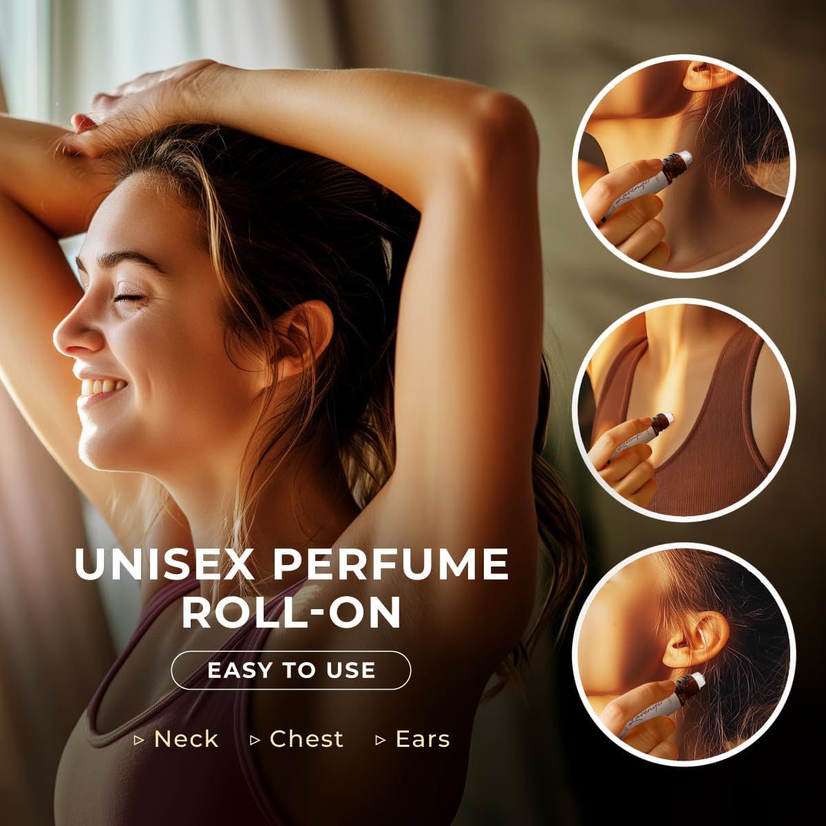 Frau mit Roll-on. Text: "Unisex-Parfüm-Roll-on". Anwendung am Hals, Brust und Ohren. Produkt in der Hand.