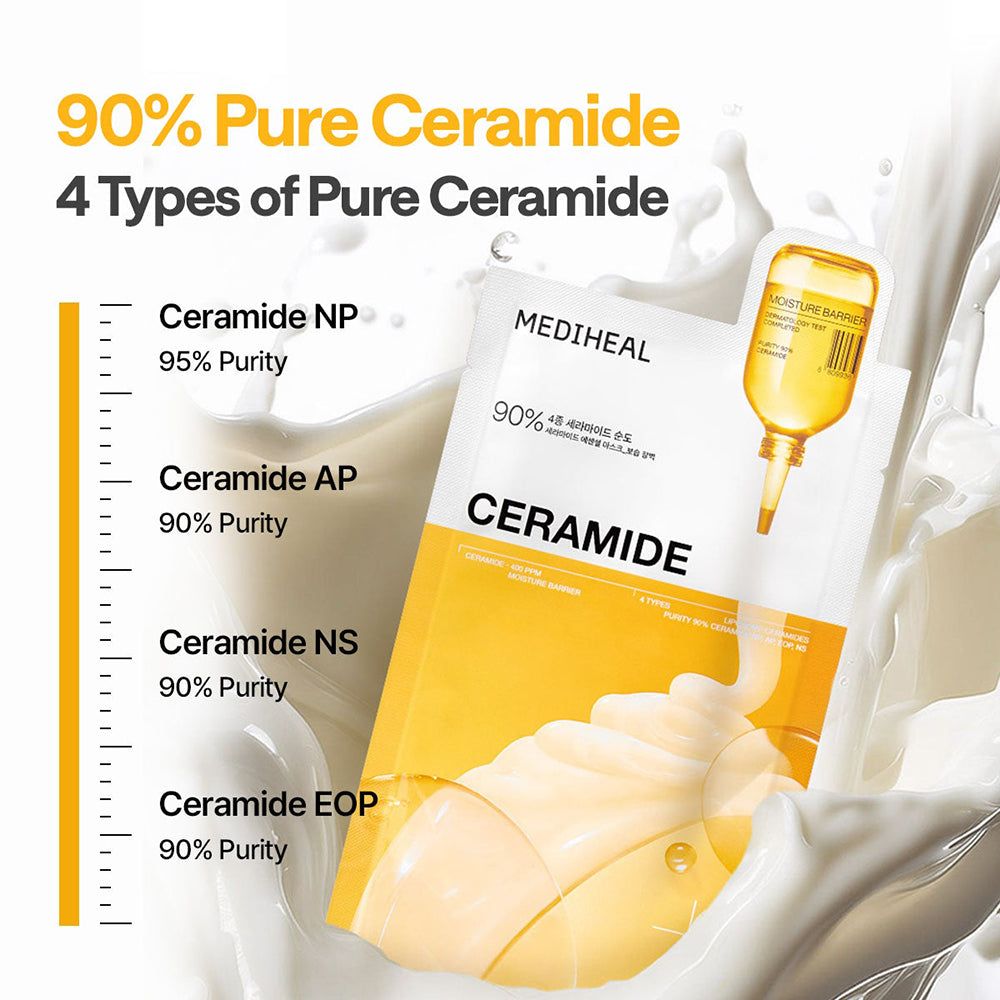 Mediheal Ceramide Sheetmaske mit 4 Ceramiden: NP (95%), AP (90%), NS (90%), EOP (90%).