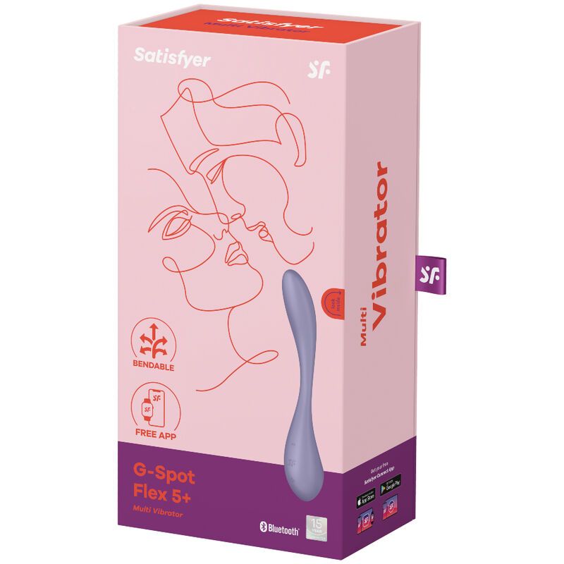 Verpackung mit Produktabbildung. Rosa-weiß. Aufschrift: Satisfyer, G-Spot Flex S+, Multi Vibrator. Bluetooth.