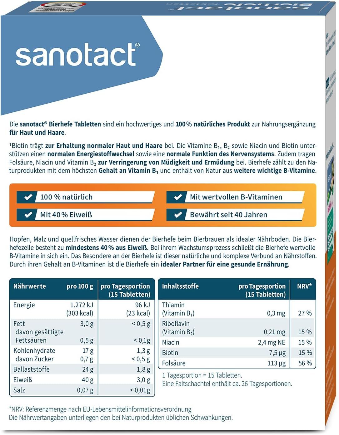 Rückseite der sanotact Bierhefe Tabletten Packung. Textinformationen zu Inhaltsstoffen, Nährwerten und Zertifizierungen.