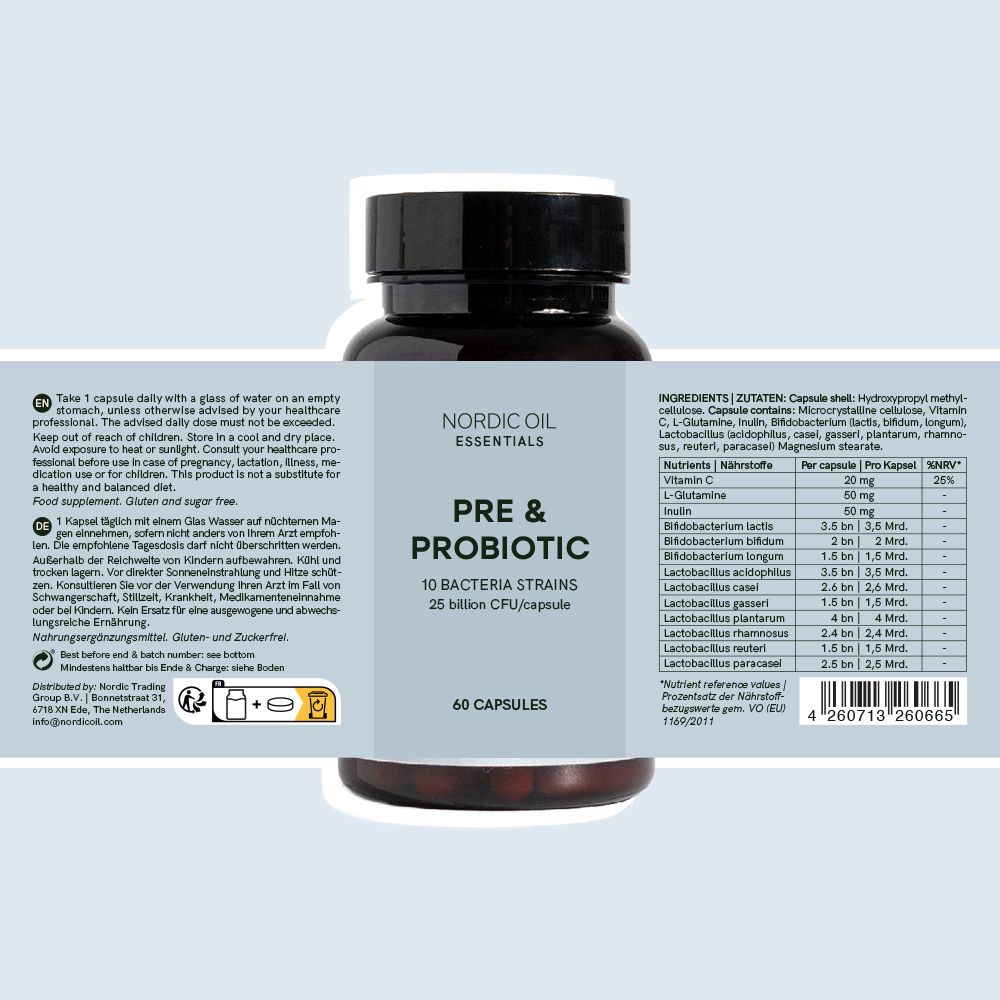 Braune Flasche mit Etikett: PRE & PROBIOTIC, 10 Bakterienstämme, 25 billionen CFU/Kapsel, 60 Kapseln. Zutatenliste und Nährwertangaben.