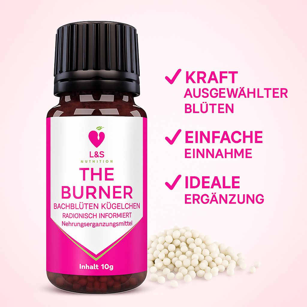 Braune Glasflasche mit schwarzem Deckel. Etikett mit pinkfarbenem Streifen und Text: L&S Nutrition, THE BURNER, Bachblüten Kügelchen. Daneben Kügelchen.