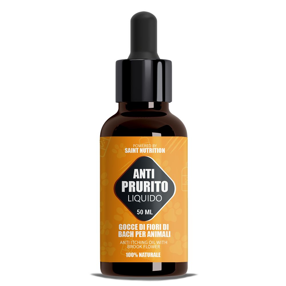 Flacone marrone Anti Prurito Liquido. Con contagocce. Testo: Gocce di fiori di Bach per animali, 100% naturale.