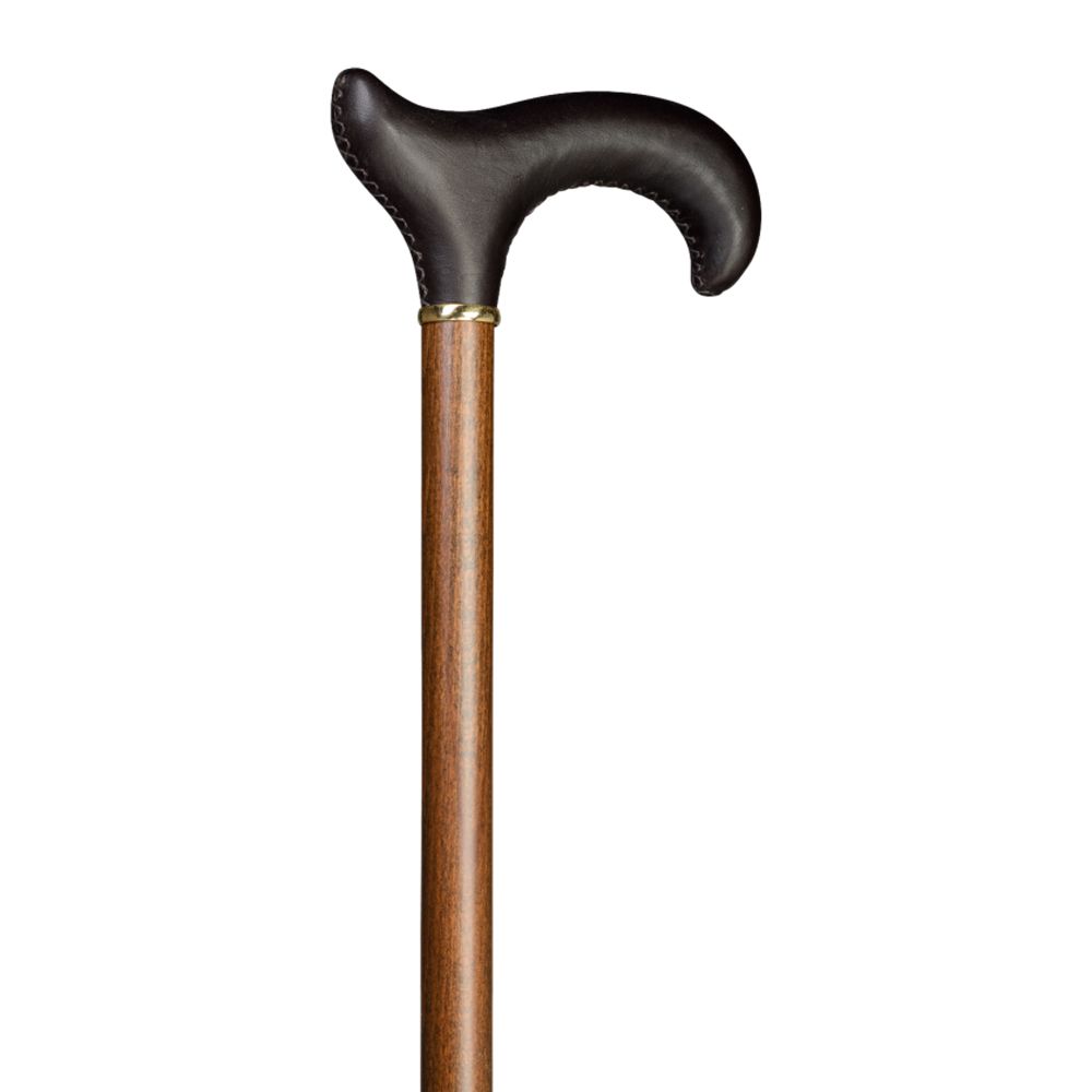 Gehstock mit braunem Holzschaft und schwarzem Ledergriff. Der Griff ist gebogen und mit einer goldenen Manschette versehen.