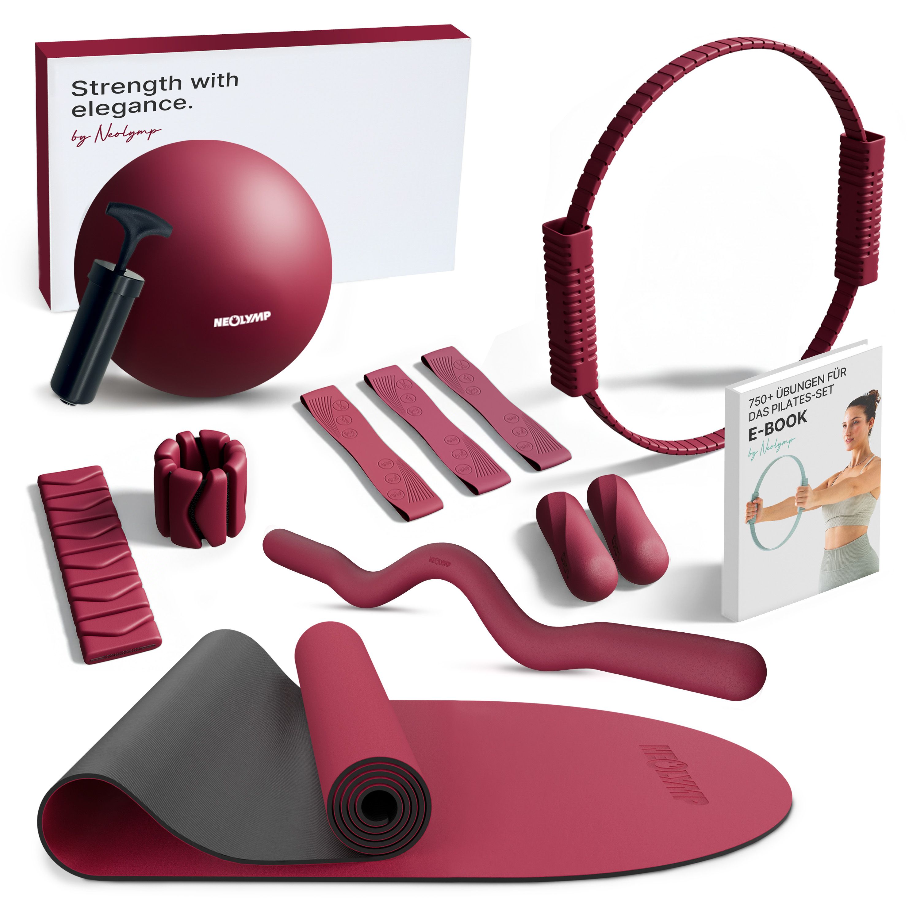 NEOLYMP Pilates Set: Matte, Ball mit Pumpe, Ring, Gewichte, Fitnessbänder, SZ Stange und E-Book.