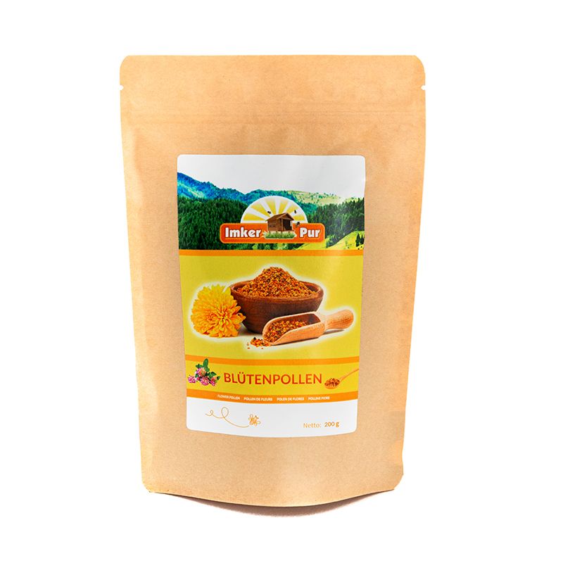 Blütenpollen-Beutel mit Etikett. Etikett mit Landschaft, Blüte, Holzschale, Löffel. Aufschrift: Blütenpollen.