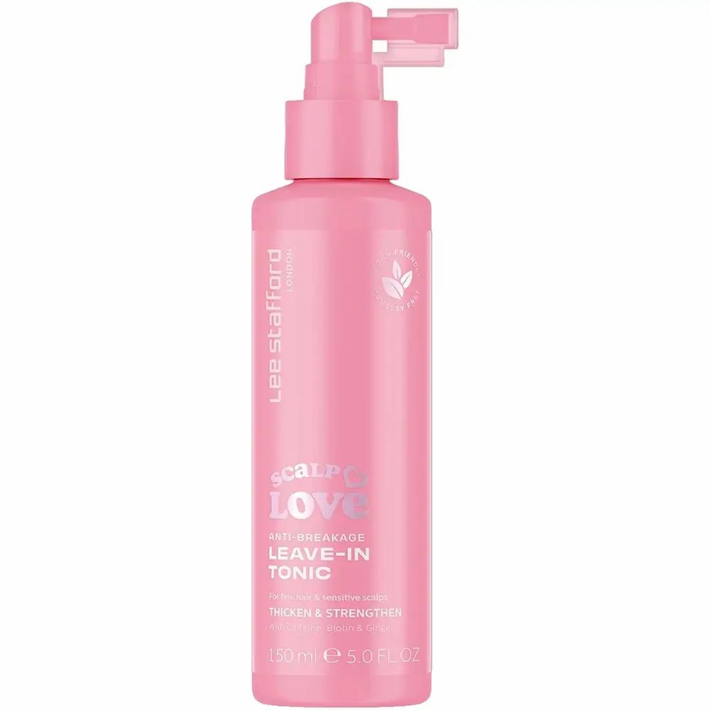 Rosa Flasche mit Sprühkopf. Beschriftung: Scalp Love, Leave-in Tonic, Lee Stafford. Vegan-Siegel.