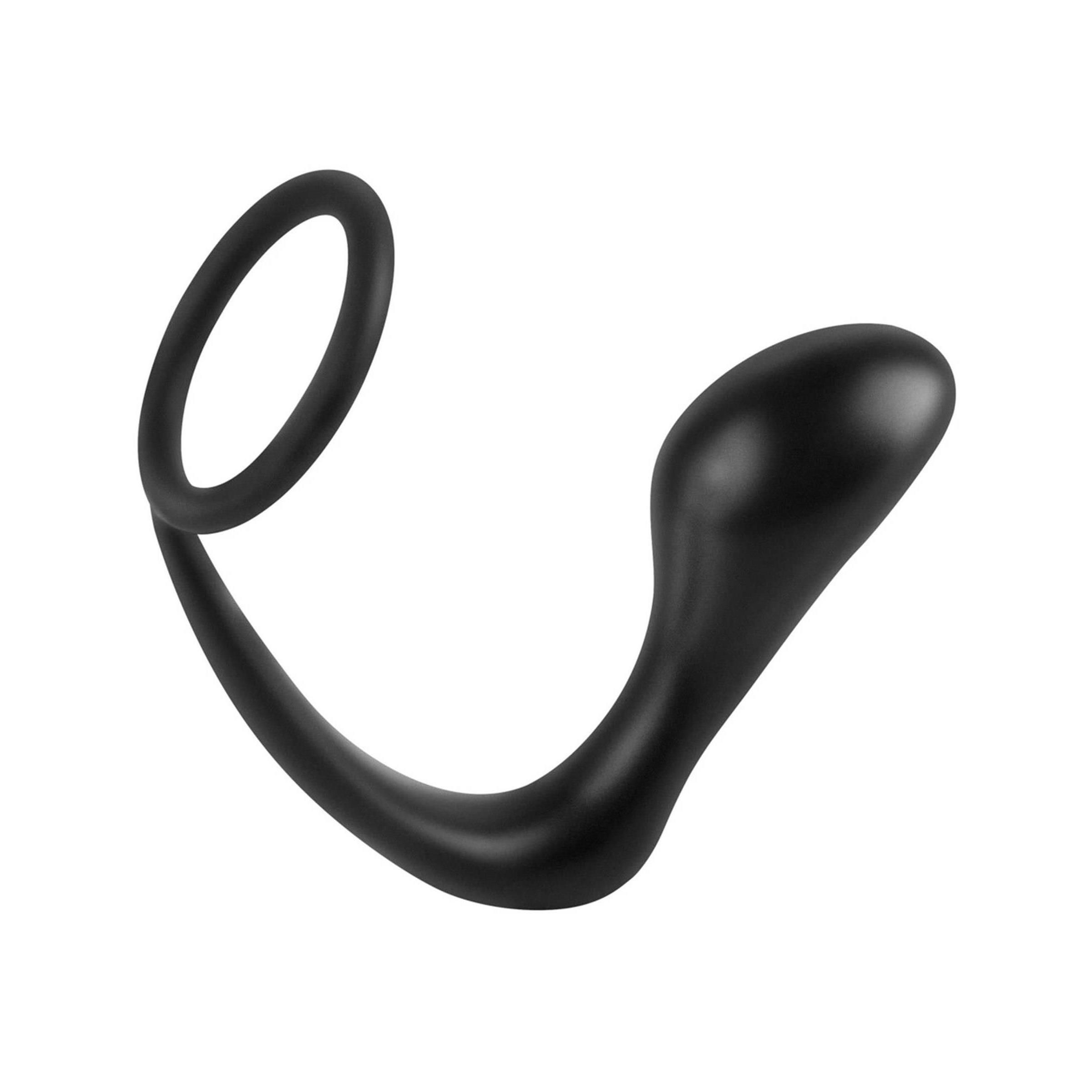 Schwarzes Cockring-Plug aus Silikon. Besteht aus einem Ring und einem länglichen Teil. Auf weißem Hintergrund.