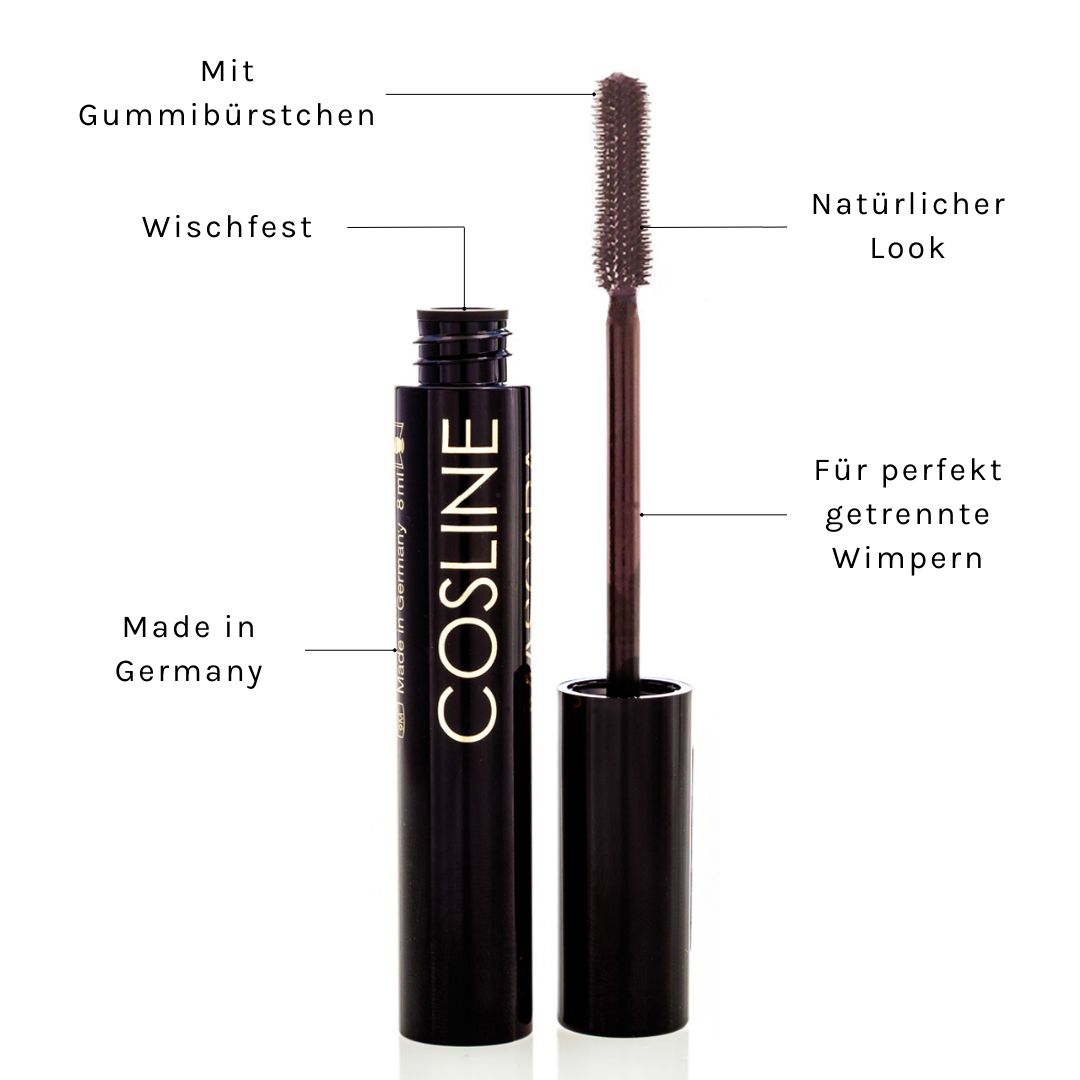 Mascarabürste mit brauner Bürste und Produktflasche. Beschriftungen: Mit Gummibürstchen, Wischfest, Natürlicher Look, Für perfekt getrennte Wimpern.