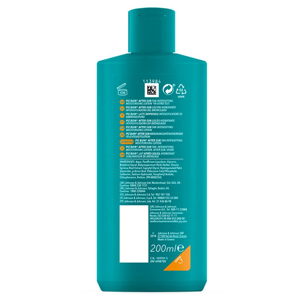 Rückseite der türkisfarbenen Flasche. PIZ BUIN AFTER SUN. Inhaltsstoffe, Informationen, Logos, 200ml.