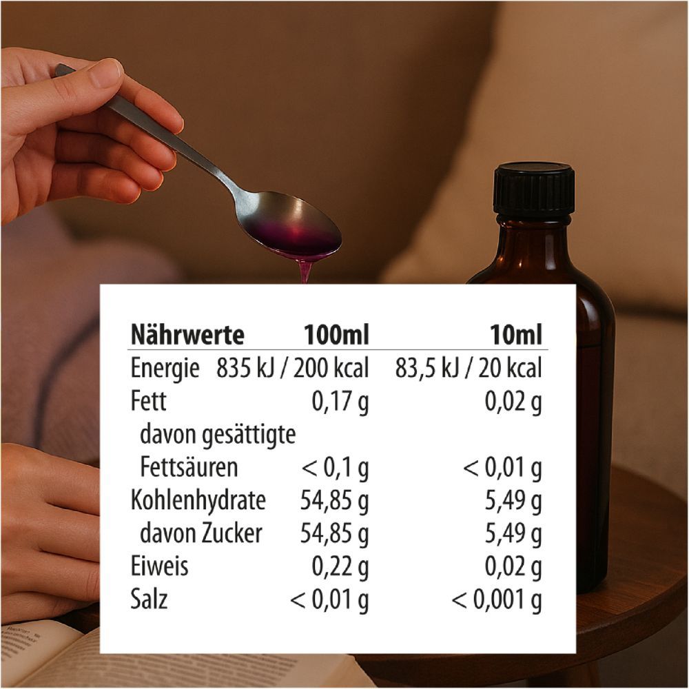 Person hält Löffel mit Flüssigkeit. Daneben: Nährwerttabelle für 100ml und 10ml. Werte für Energie, Fett, Kohlenhydrate, Zucker, Eiweiß, Salz.
