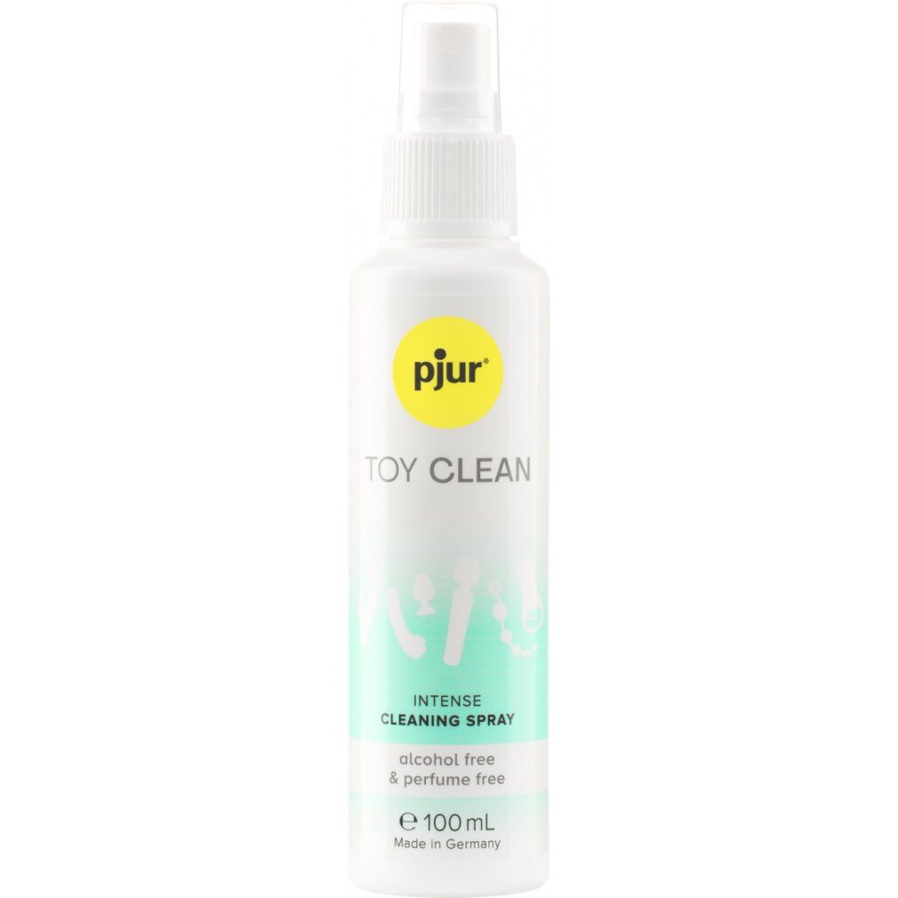 Weiße Sprühflasche mit gelbem Logo und Aufschrift: pjur Toy Clean, intense cleaning spray, alcohol free & perfume free.