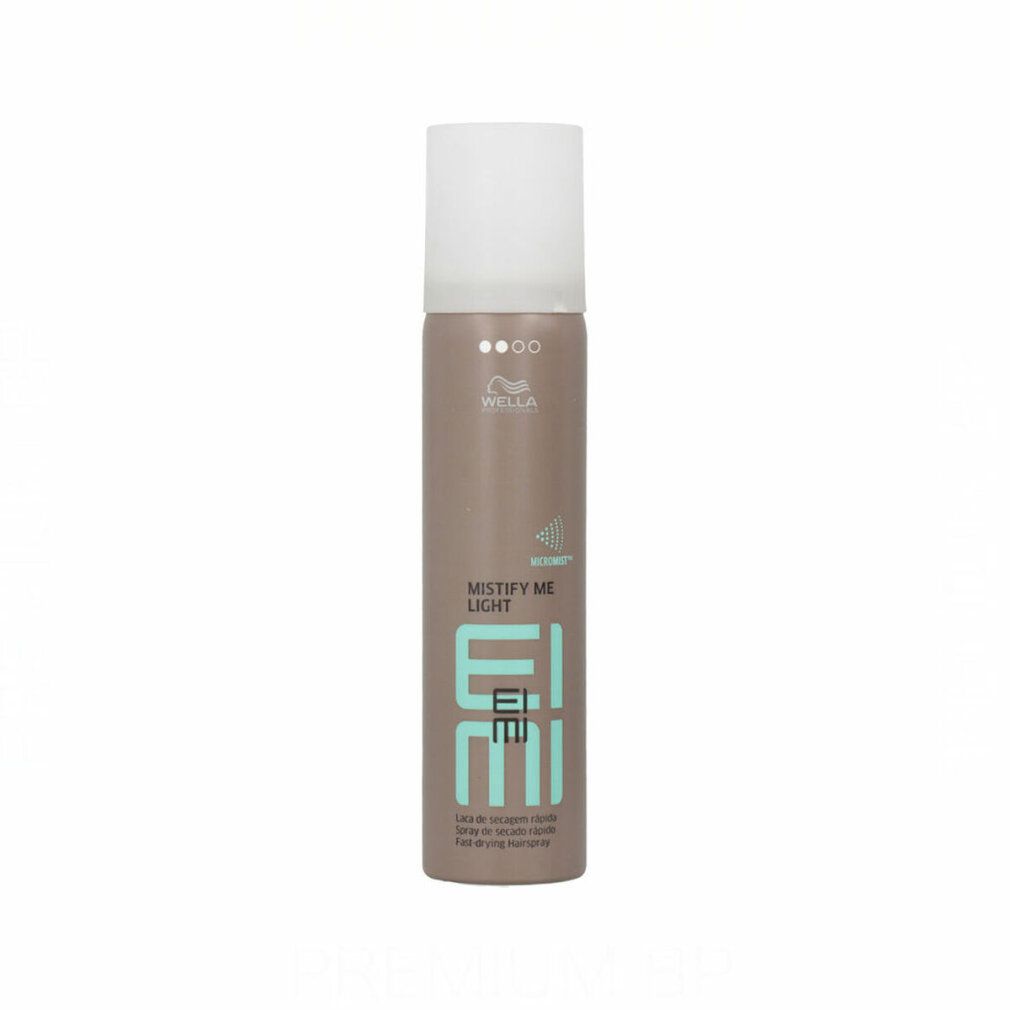 Haarspray-Flasche, braun, mit weißem Deckel. Beschriftung: EIMI, MISTIFY ME LIGHT, Wella.