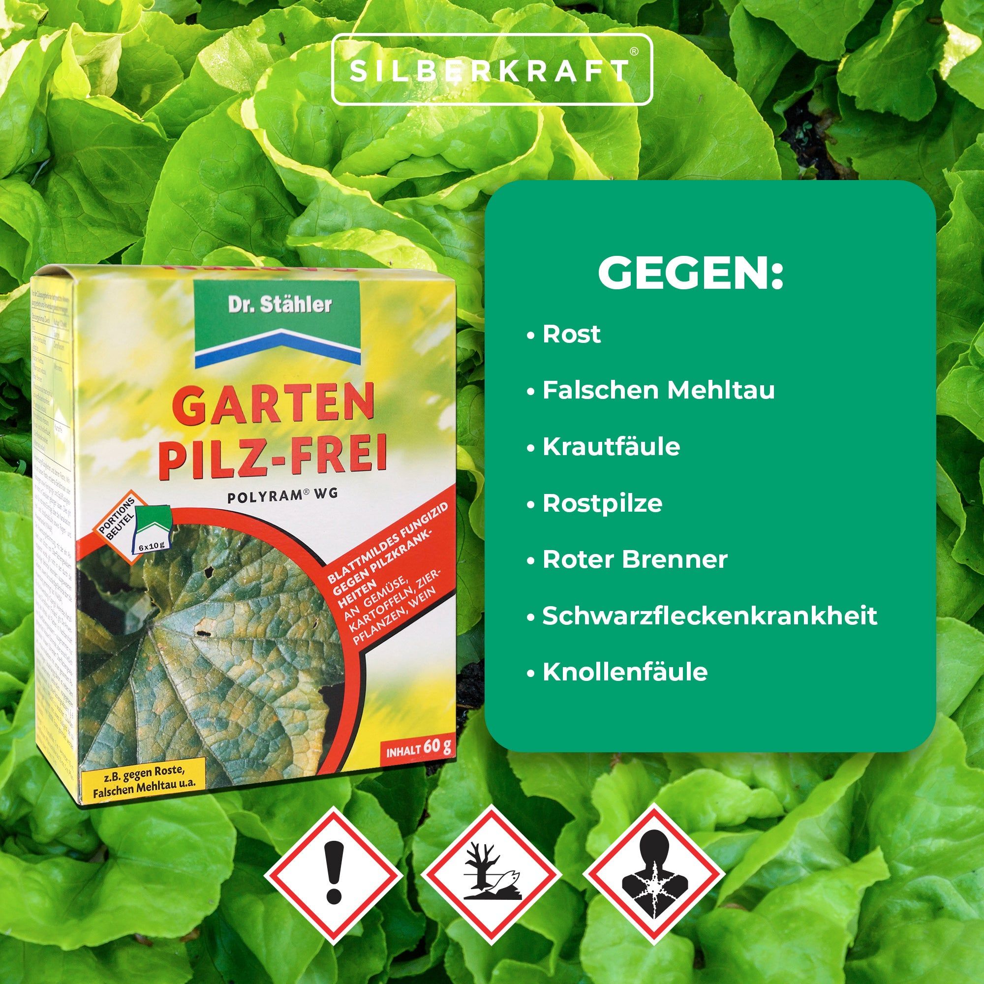SILBERKRAFT Polyram WG® Garten Pilz-Frei Verpackung vor Salat. Text: Garten Pilz-Frei, Polyram WG, gegen Rost, Falschen Mehltau, etc. Warnsymbole.