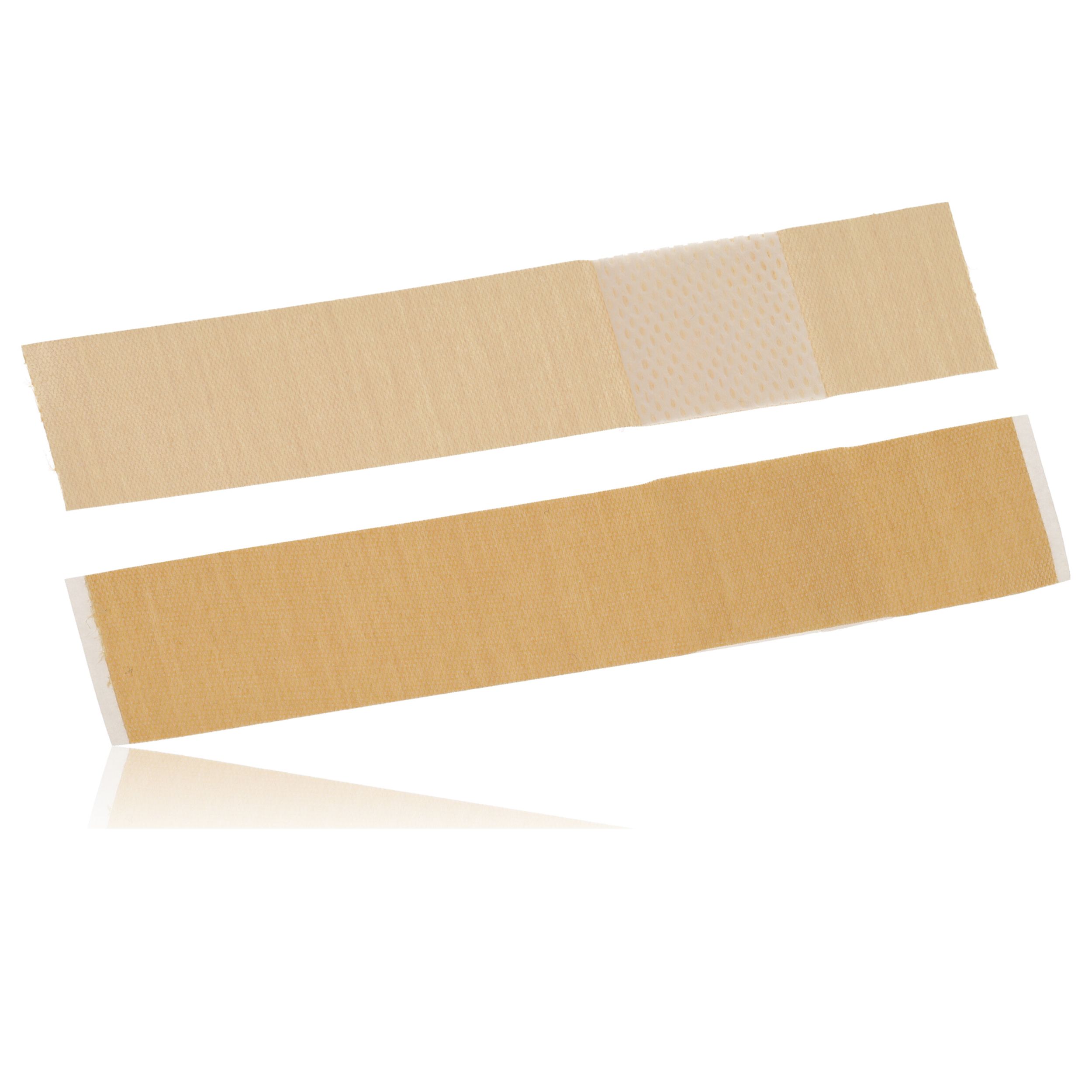 Zwei Fingerverbände, rechteckig, beige. Ein Verband zeigt einen zentralen, quadratischen, perforierten Bereich.