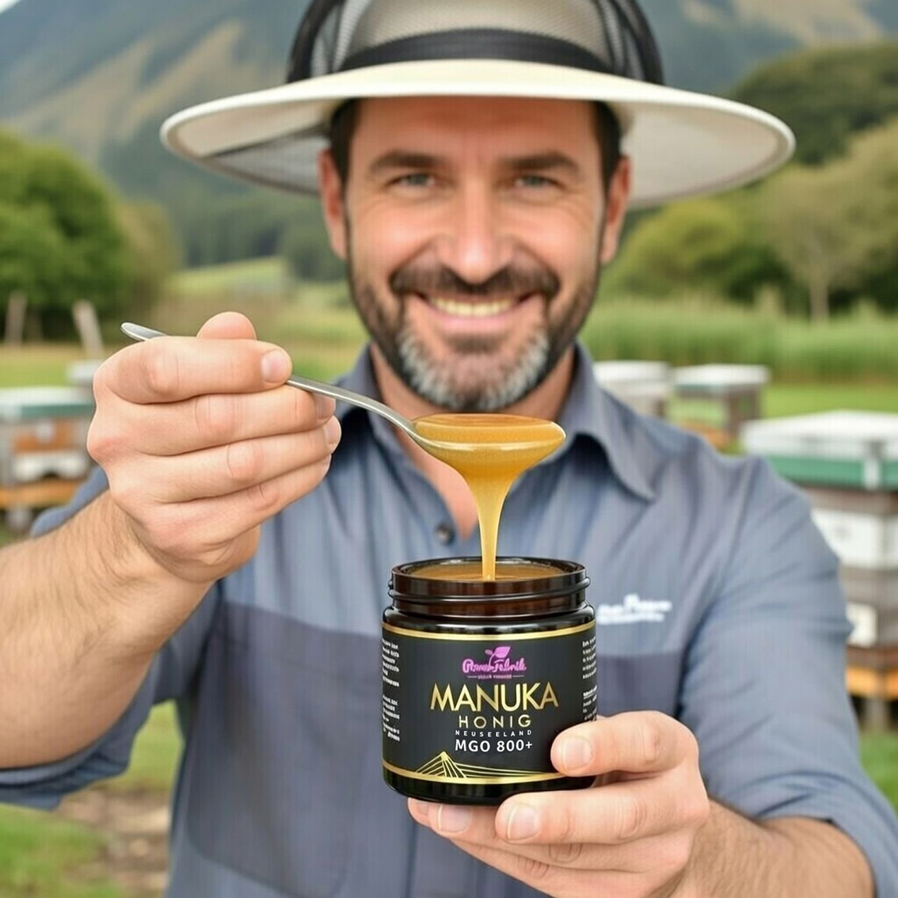 Mann mit Hut hält Löffel mit Manuka Honig über einem geöffneten PowerFabrik Honigglas.