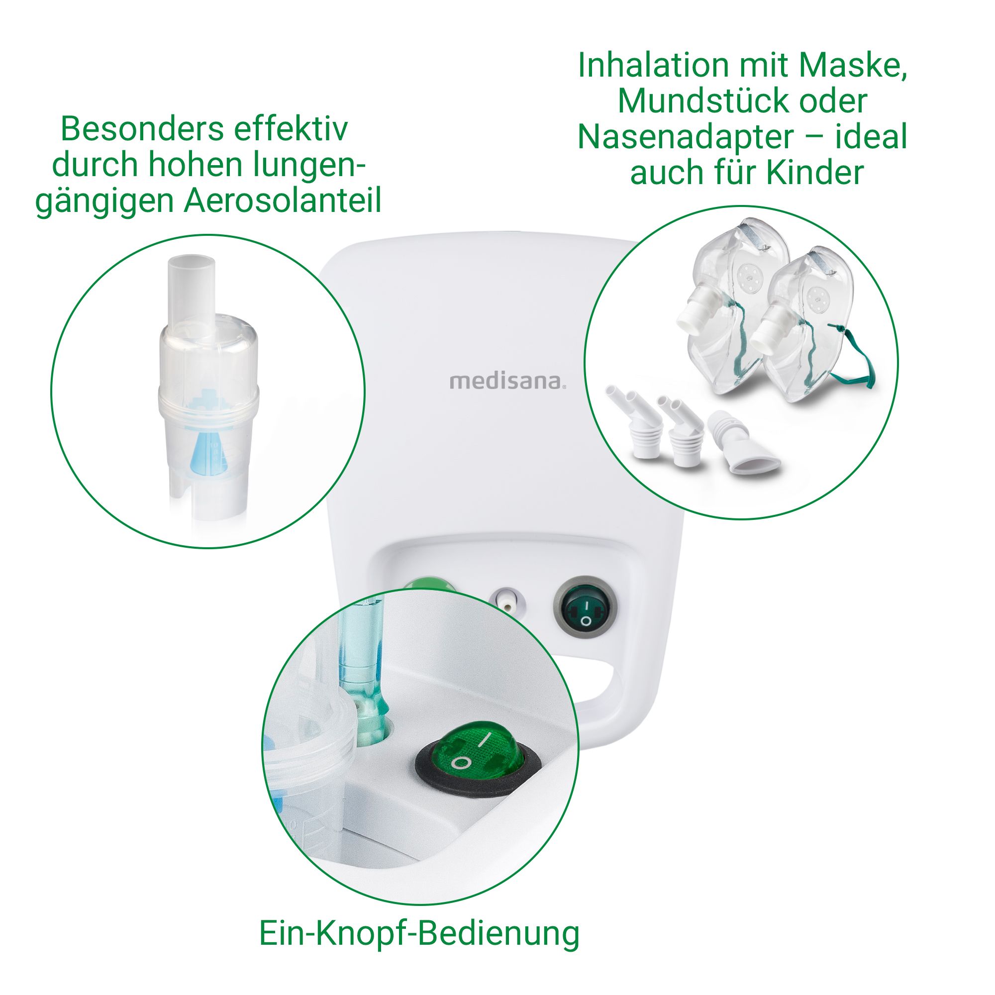 Medisana IN 540 Inhalator: Ein-Knopf-Bedienung, Masken, Mundstücke, Vernebler.