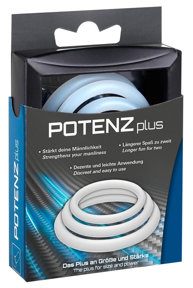 Verpackung mit drei weißen Ringen. Marke POTENZplus. Text auf Deutsch und Englisch.