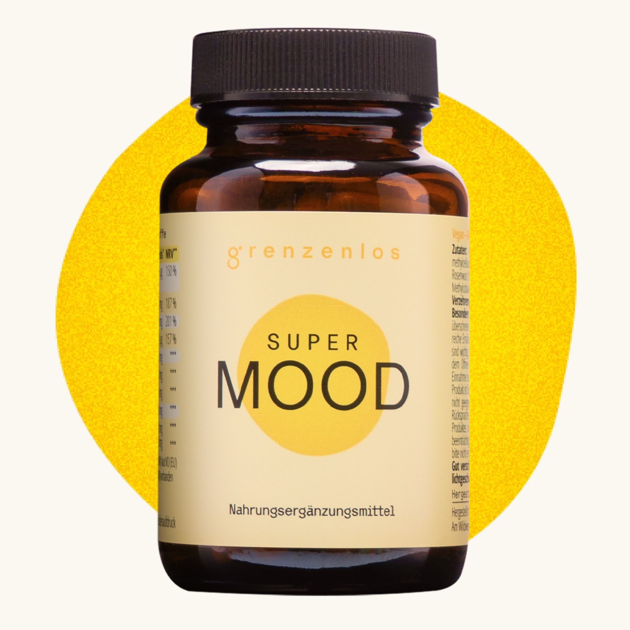Braune Glasflasche mit gelbem Etikett: "SUPER MOOD". Gelber Kreis im Hintergrund.