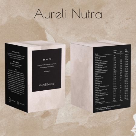 Weiße Schachtel mit schwarzer Beschriftung. Aufschrift "BEAUTY" und "Aureli Nutra". Nährwertangaben.