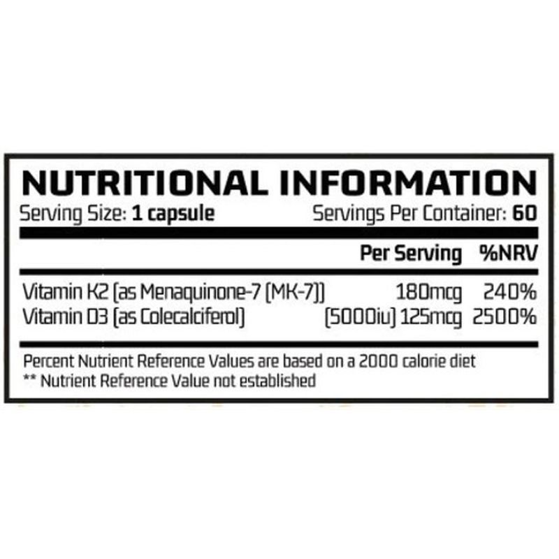 Nährwertinformationen auf weißem Hintergrund. Angaben zu Vitamin K2 und Vitamin D3 pro Portion und %NRV.