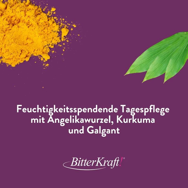 Gelber Kurkuma, grüne Blätter. Text: Feuchtigkeitsspendende Tagespflege mit Angelikawurzel, Kurkuma und Galgant. BitterKraft!