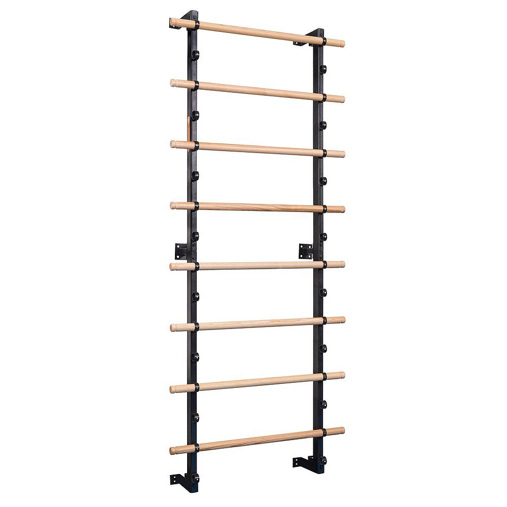 Sprossenwand mit Holzsprossen und schwarzem Rahmen. 9 Sprossen, Wandmontage.