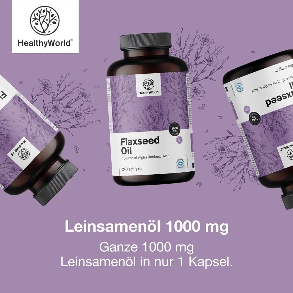 Drei Braunglasflaschen mit Leinsamenöl-Kapseln. Eine Flasche steht im Fokus und zeigt das Etikett 'Flaxseed Oil 1000 mg'.